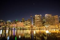 悉尼天际线的夜间景观令人惊叹，平静水面上的建筑倒影更增添了城市的美感