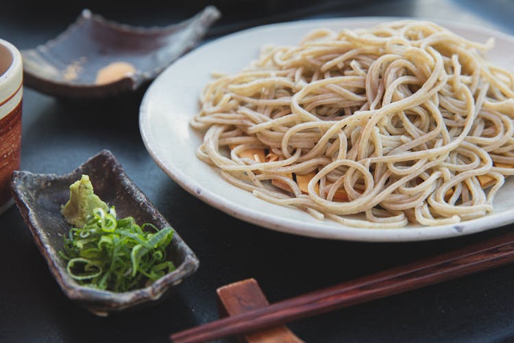 Appetizing Pasta Near Wakame And Wasabi