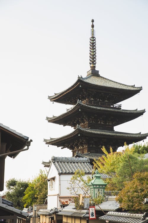 Exterior of high oriental shrine on street with traditional buildings under cloudless sky