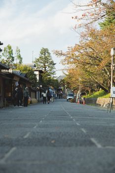 京都街景宁静，行人在传统建筑间享受秋日