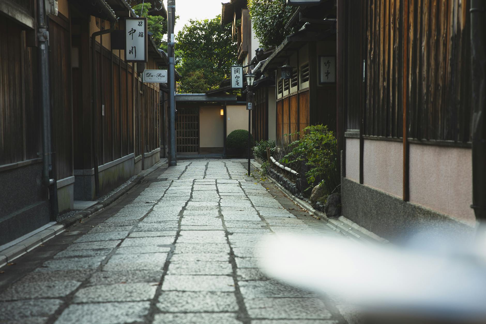 Empty paved street in historic town in Japan
