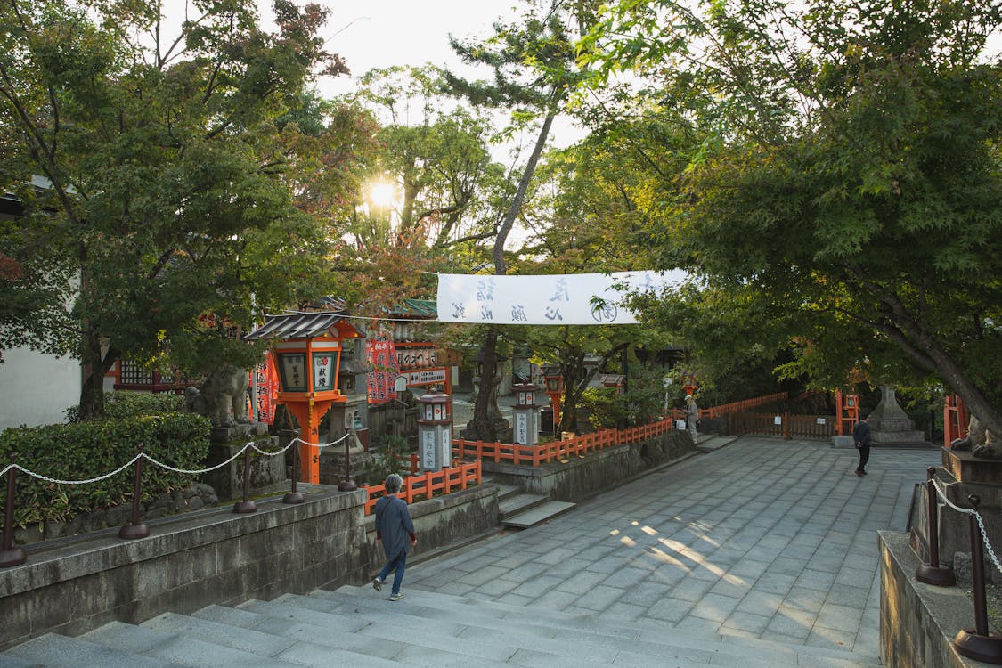 Unrecognizable people walking on paved pathway near green trees while sightseeing ancient Yasaka Shrine located in Kyoto