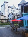 Street cafe near historic buildings in city