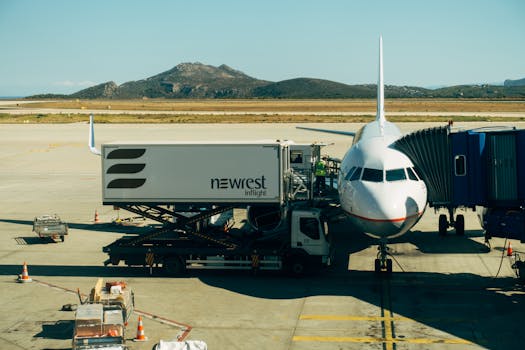 A commercial airplane being serviced at an airport with fueling and loading equipment.