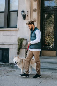 一位非裔美国男性主人牵着秋田犬，在住宅楼附近的小路上散步的全身侧面图