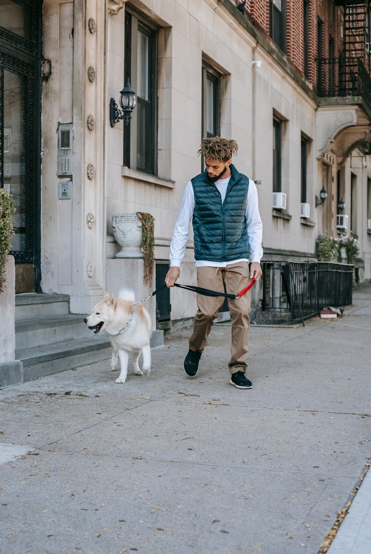 Black Man On Sidewalk With Dog