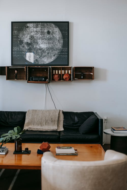 Interior of room with couch and table