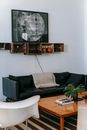 Stylish interior of lounge with sofa