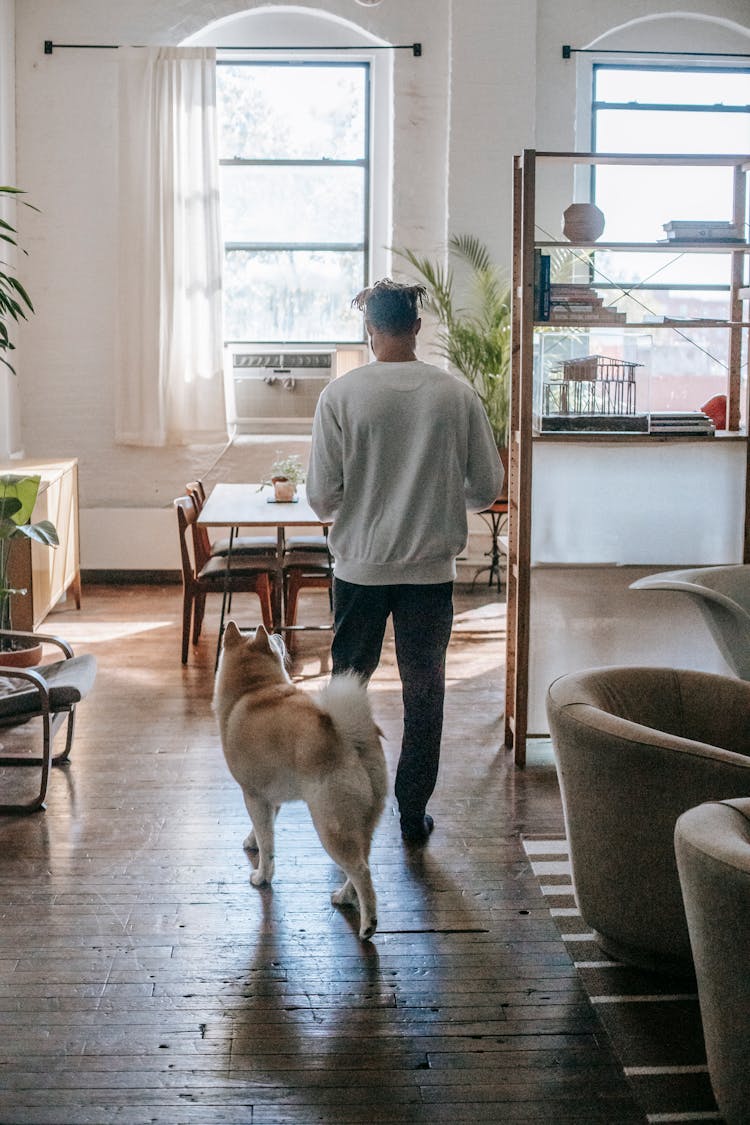 Anonymous Guy Walking At Home With Loyal Akita Inu Dog