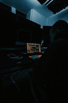 Music producer focused on audio mix in a dark studio, working with advanced software.