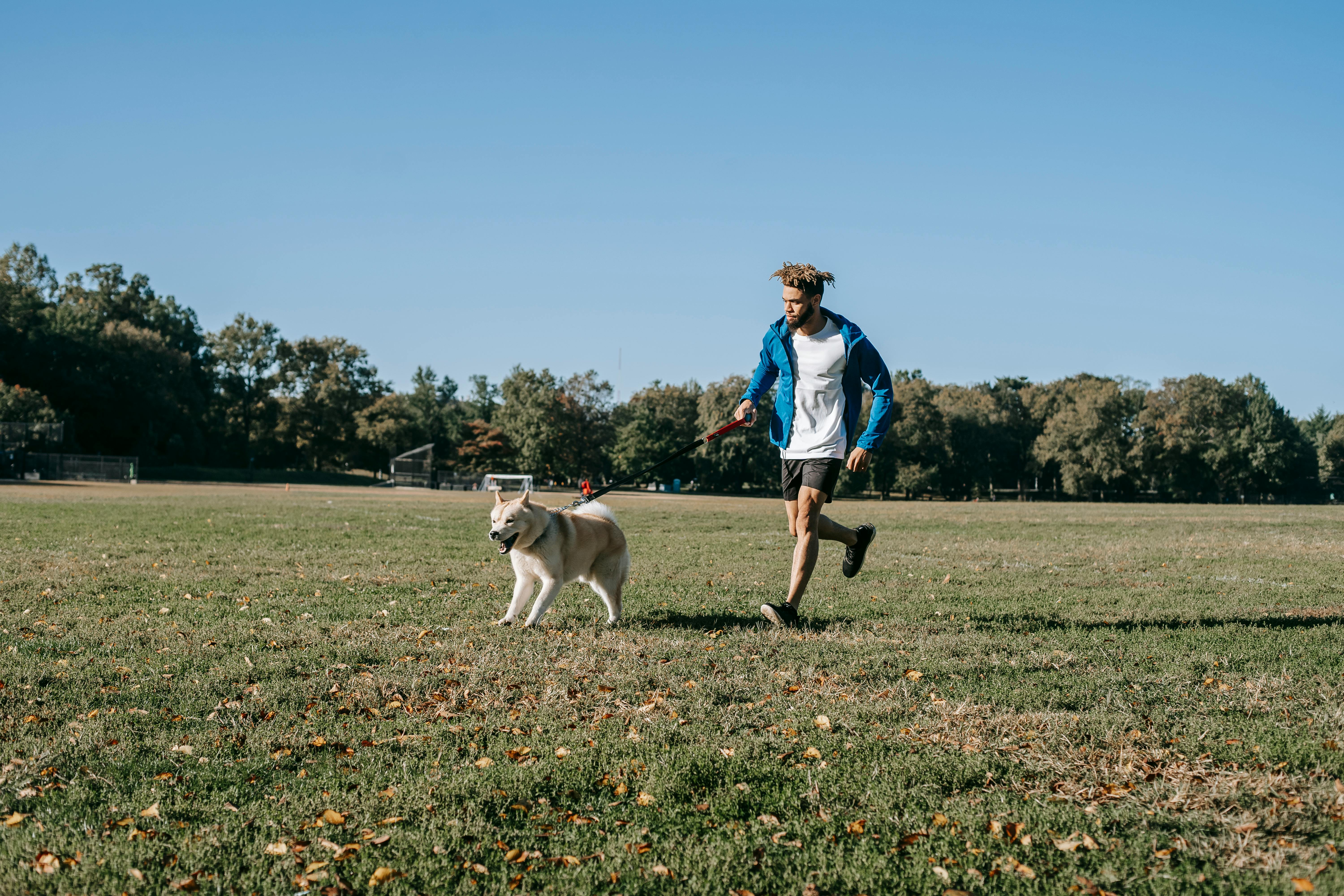 happy man running with dog in park