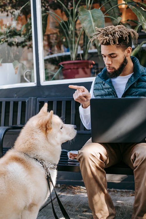 茶色と白の犬の横に座っている黒いスーツのジャケットの男