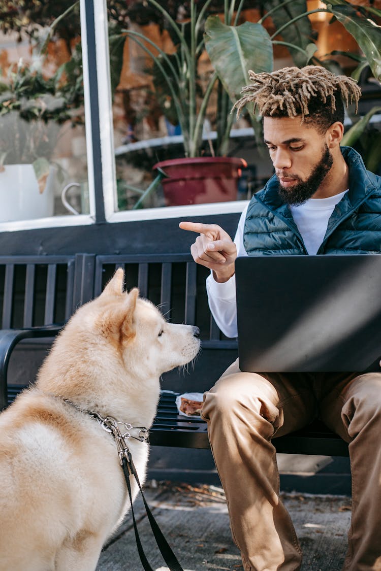 Serious Man With Laptop And Dog