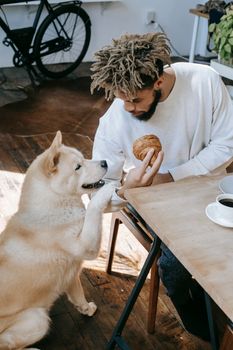 一名男子在家里和他的秋田犬一起享用咖啡和羊角面包，共度早餐时光