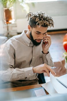 An adult man concentrates while speaking on the phone and reviewing documents in a bright indoor space.