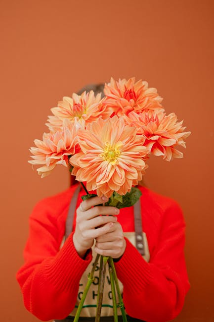 Anonymous person in apron covering face with bunch of orange flowers with long stems while standing on orange background on street