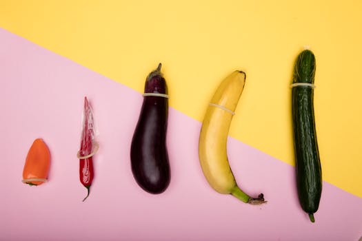 Colorful display of vegetables covered with condoms representing safe sex practices on a pastel background.