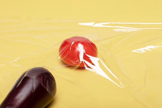 创意工作室用塑料薄膜包裹番茄和茄子，在黄色背景下进行了拍摄