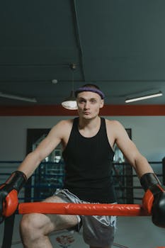 Young male boxer standing in a boxing ring wearing gloves, tank top, and headgear.