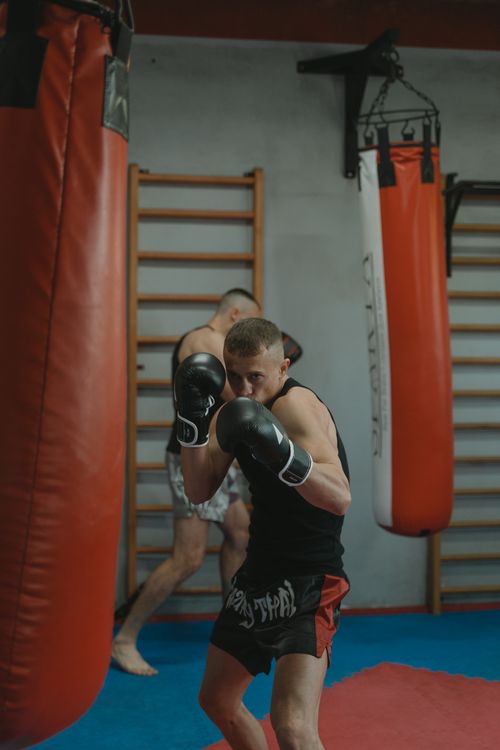 Free Two men practicing Muay Thai, focused on training with punching bags in a gym setting. Stock Photo