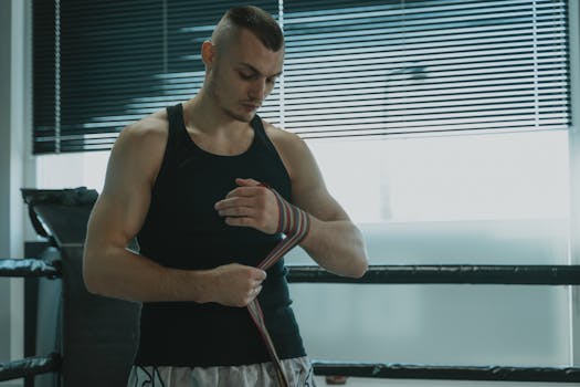 Muscular man in a black tank top wrapping hand in a boxing gym with natural lighting.