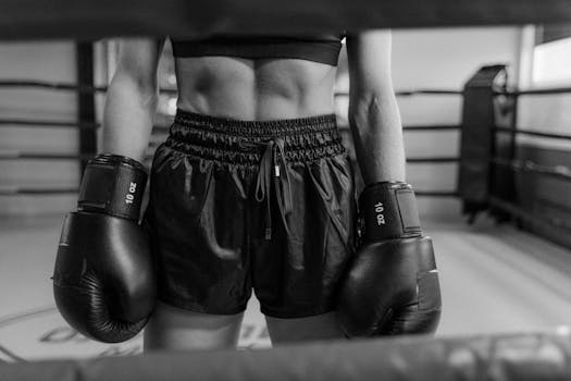 Black and white photo of a boxer in a gym wearing gloves and shorts, showcasing fitness.