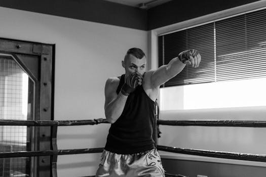 A muscular man shadow boxing in a gym, captured in elegant monochrome.