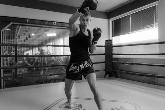 Black and white photo of a boxer practicing punches in an indoor gym ring.