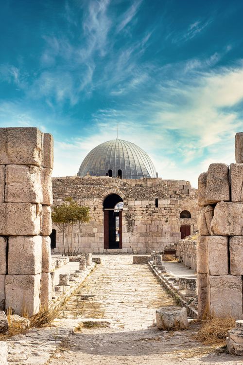 Free Explore Amman's historical Umayyad Palace at Citadel with clear blue skies. Stock Photo