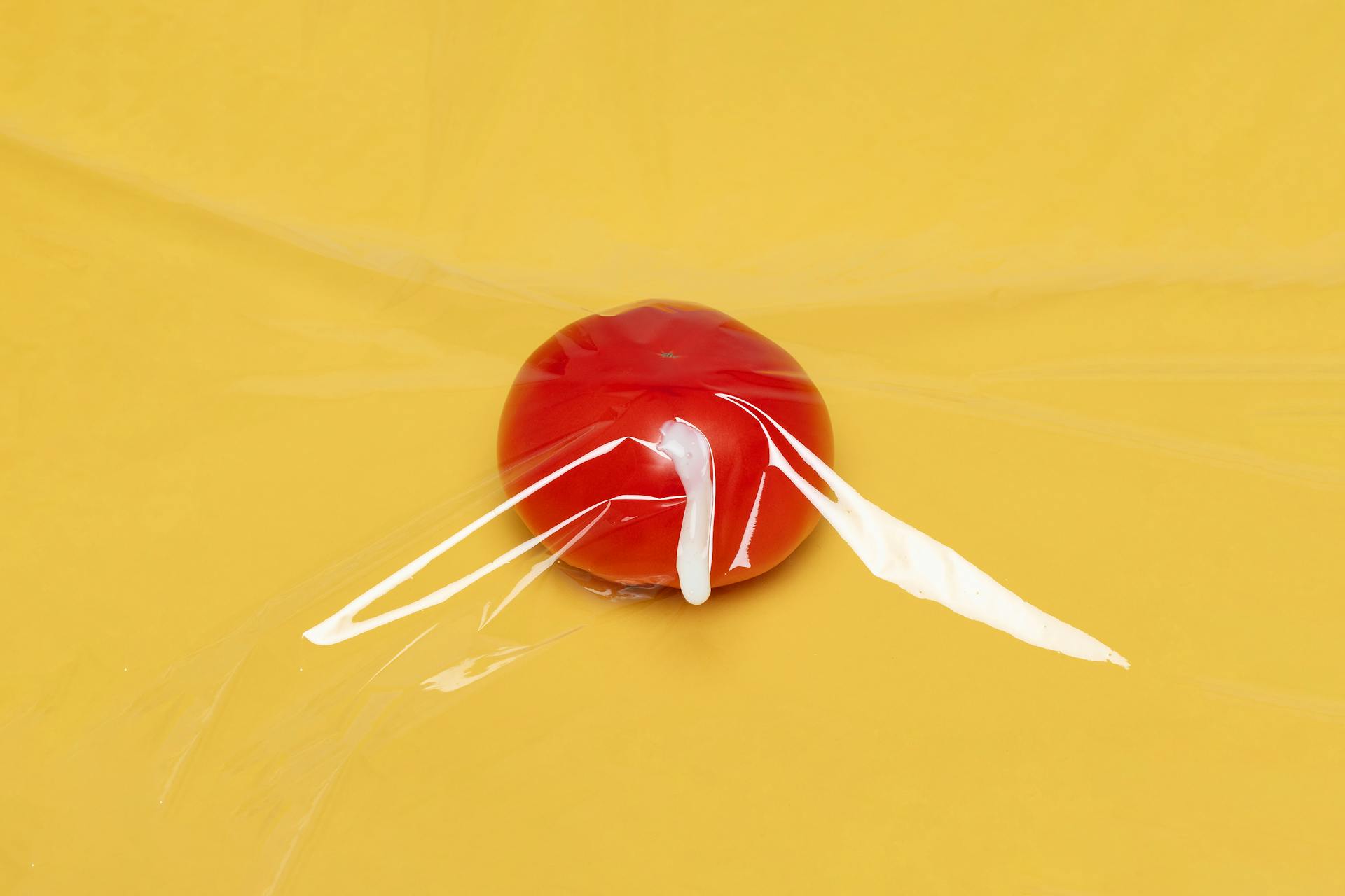 A fresh tomato wrapped in clear plastic wrap on a vibrant yellow background, highlighting freshness and packaging.