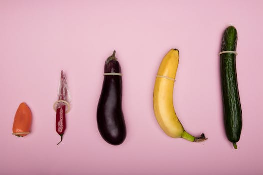 A playful arrangement of fruits and vegetables with condoms against a light pink background.