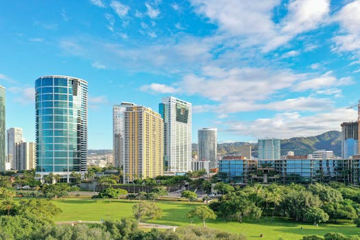 Aerial view of Honolulu's skyline showcasing modern architecture and lush green park.