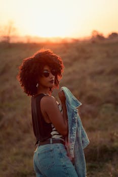 A young woman with afro hair in denim attire standing confidently at sunset in a meadow.
