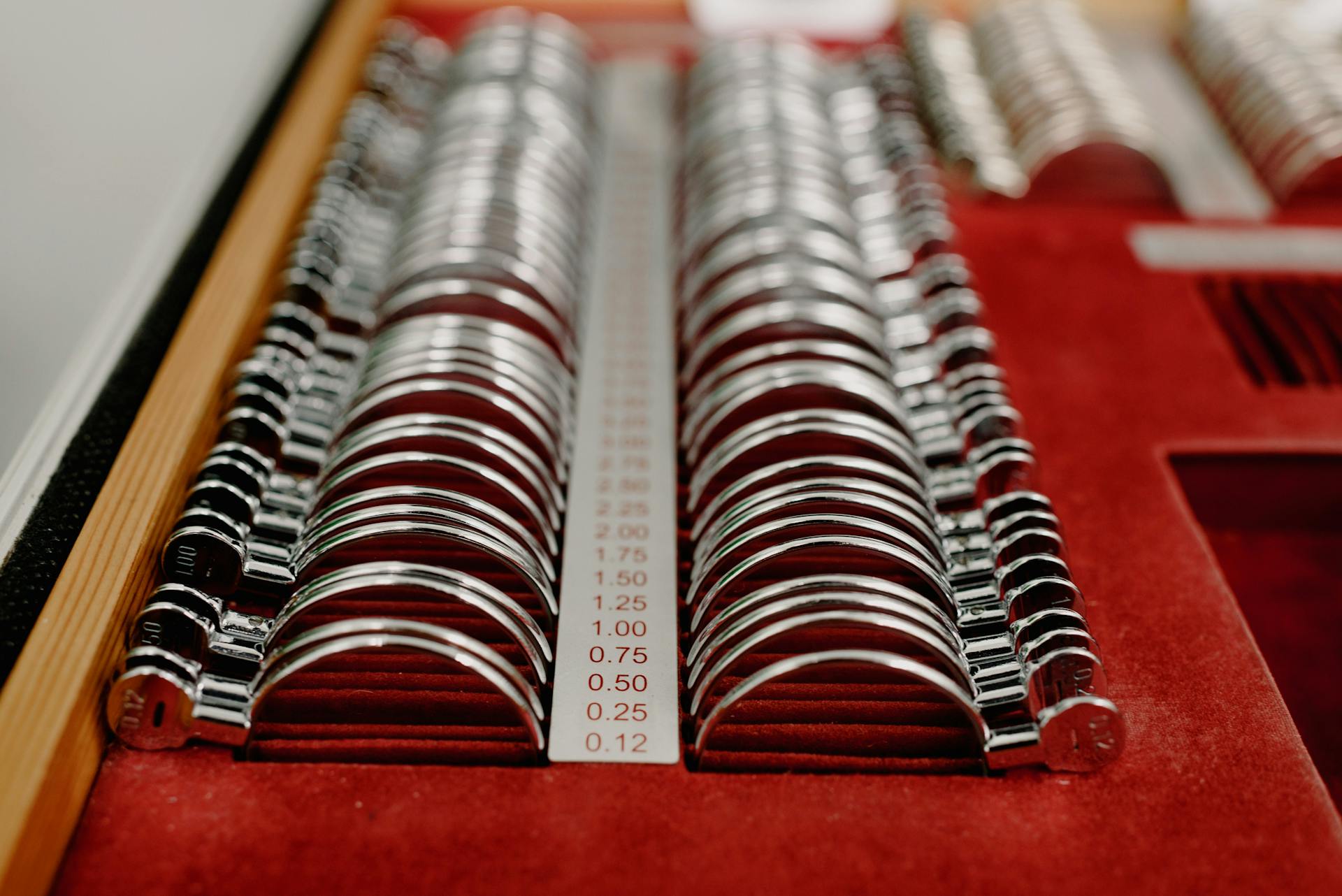 From above of arranged rows of trial spectacle lenses for examining visual impairments in clinic