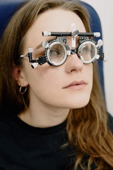 A woman wearing eyeglasses for an eye exam at an optometry clinic indoors.