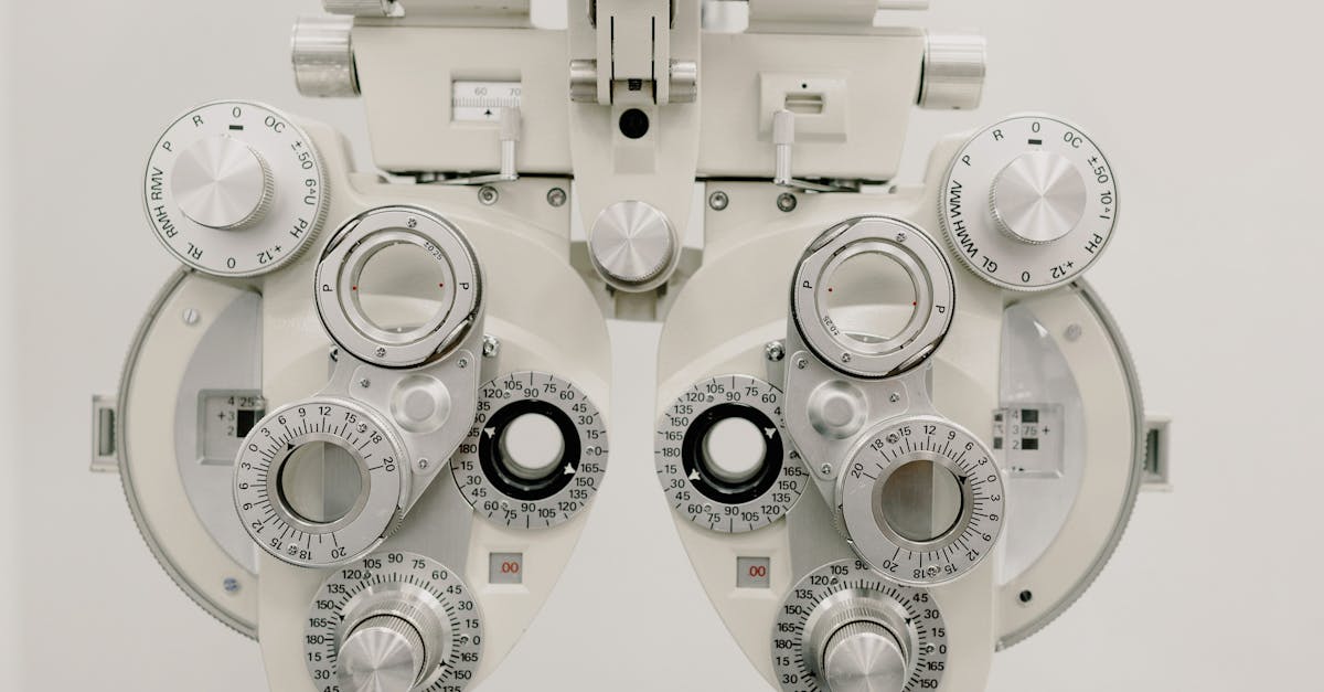 Close-up of a phoropter used in an eye examination in an optometry clinic.