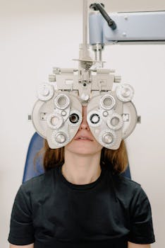 A Caucasian woman undergoing a vision test using a phoropter in a clinic.