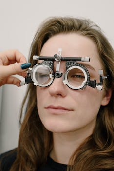 Crop oculist correcting phoropter on eyes of patient while selecting proper lens diopter during appointment in professional clinic