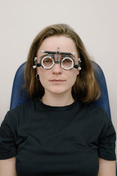 A woman wearing a phoropter prepares for an eye examination in a clinical setting.