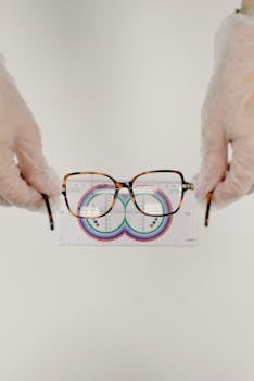 Close-up of hands holding eyeglasses with an optical ruler, ideal for optometry and eyewear themes.