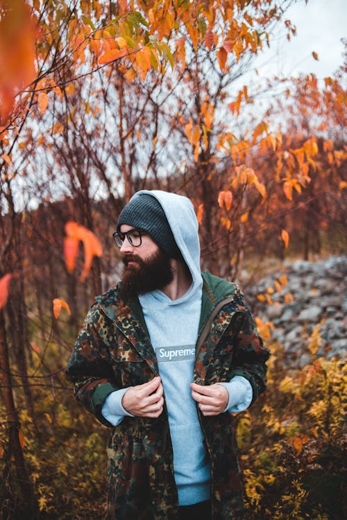 Male in sweatshirt and camouflage jacket looking away standing in autumn forest with lush foliage on background