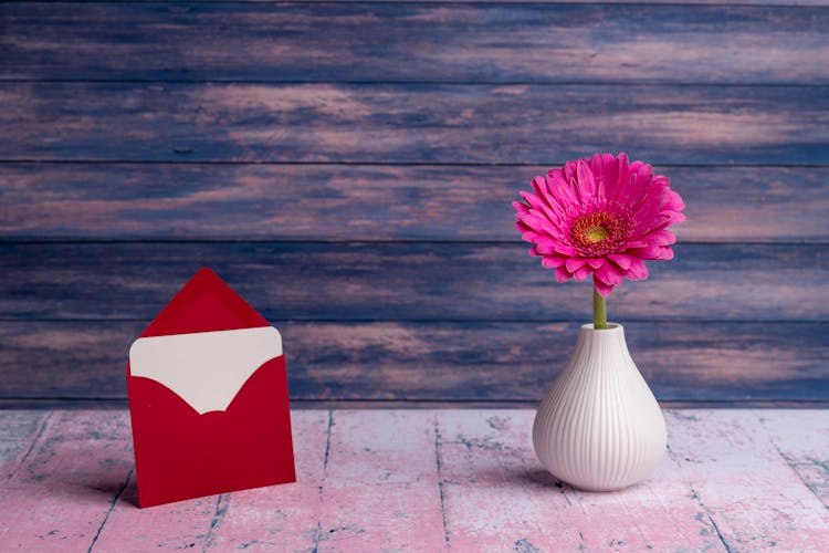 Invitation Card In Envelope Placed On Table Near Vase With Barberton Daisy Flower