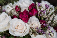 上方，一束优雅的白玫瑰和红玫瑰与温和的小野花组合在一起