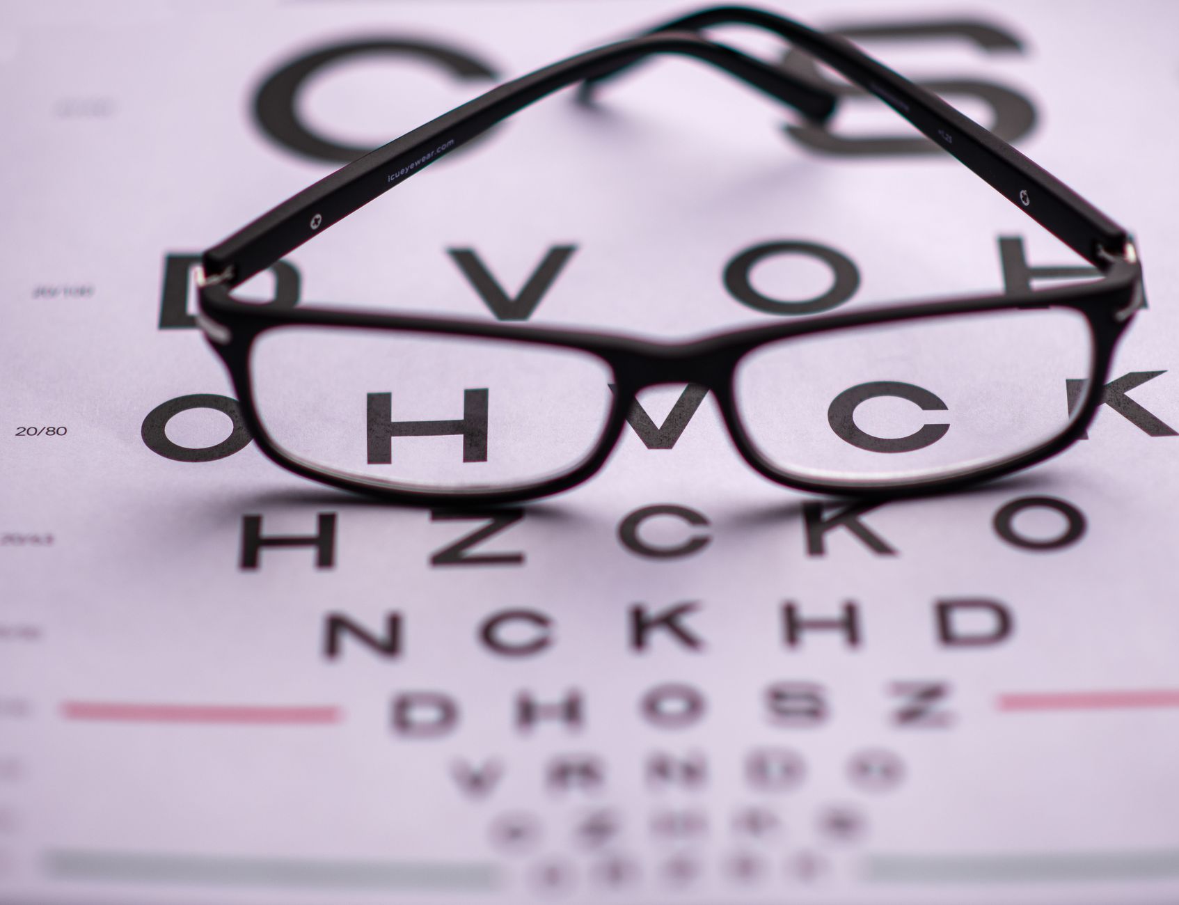 nattokinase for long covid vision blur — From above of classic eyeglasses placed on eye chart with letters in ophthalmologist room