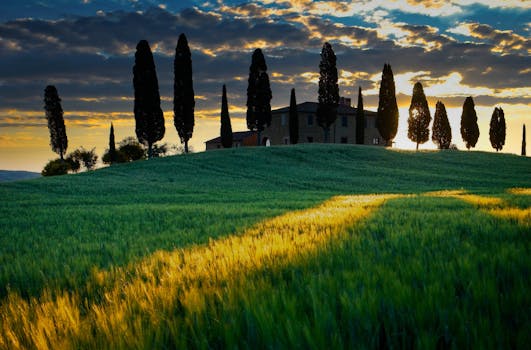 Sunrise over a scenic Tuscan landscape with cypress trees and farmhouse.