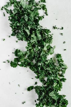白色表面上散落着新鲜有机羽衣甘蓝叶的特写镜头，突出其绿色纹理