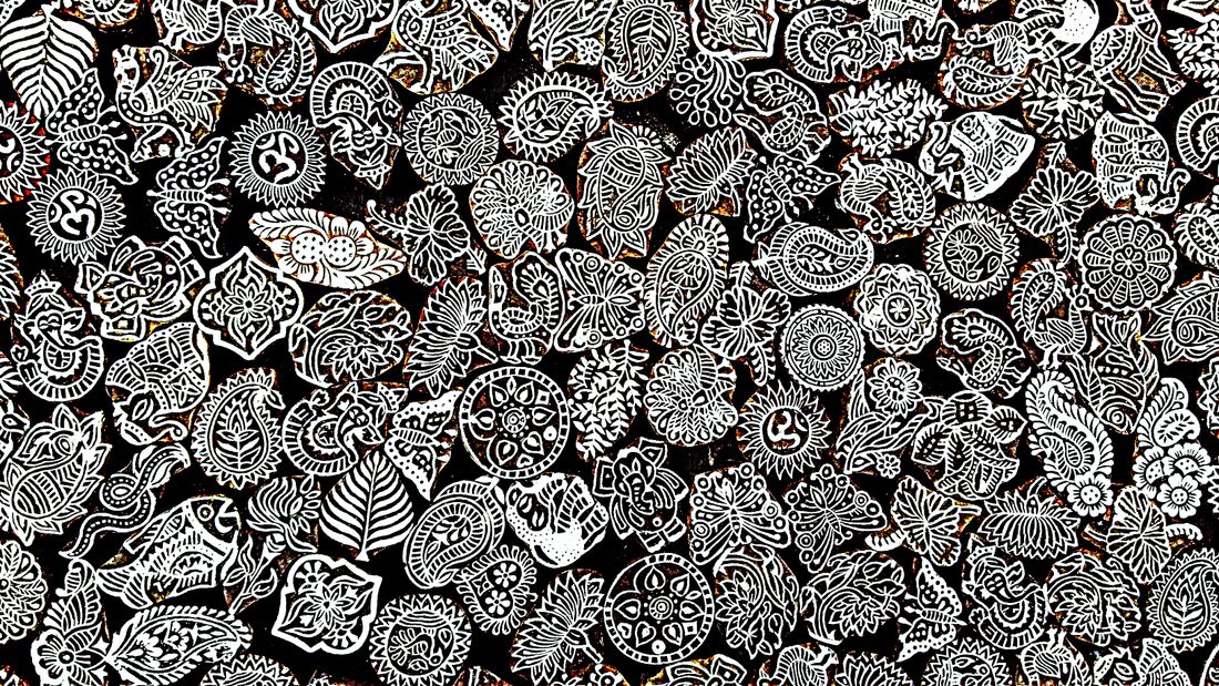 Black and white hand block-print cotton fabric