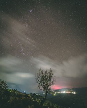 希腊的夜空中繁星点点，山丘与树木在星空下静静矗立