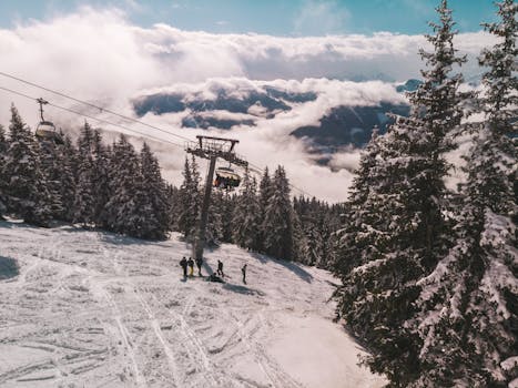 Skiing adventure on a snow-covered mountain in Austria, featuring a cable car and a scenic view.