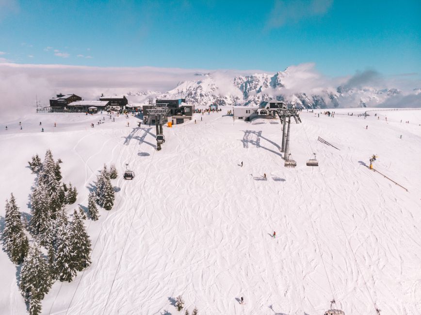 Stunning aerial shot of a ski resort in Austria, showcasing snowcapped mountains and ski lifts.